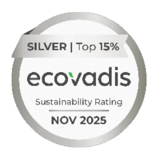 Médaille EcoVadis portant les mentions « SILVER | Top 15 % », « ecovadis », « Sustainability Rating » et « NOV 2025 »