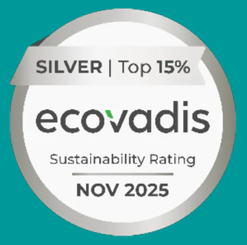 Médaille EcoVadis portant les mentions « SILVER | Top 15 % », « ecovadis », « Sustainability Rating » et « NOV 2025 »
