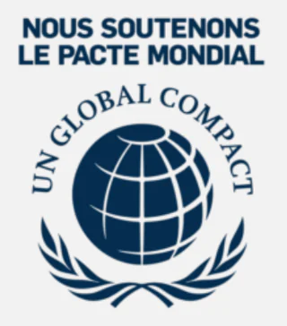 Logo « NOUS SOUTENONS LE PACTE MONDIAL » : emblème UN GLOBAL COMPACT, un globe entouré de lauriers