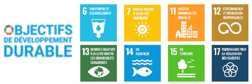 Logo « OBJECTIFS DE DÉVELOPPEMENT DURABLE » et icônes des objectifs 6, 7, 11, 12, 13, 14, 15 et 17