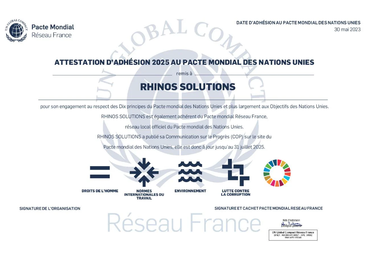 Attestation d’adhésion 2025 au Pacte mondial des Nations Unies, remise à RHINOS SOLUTIONS (description détaillée ci-après).